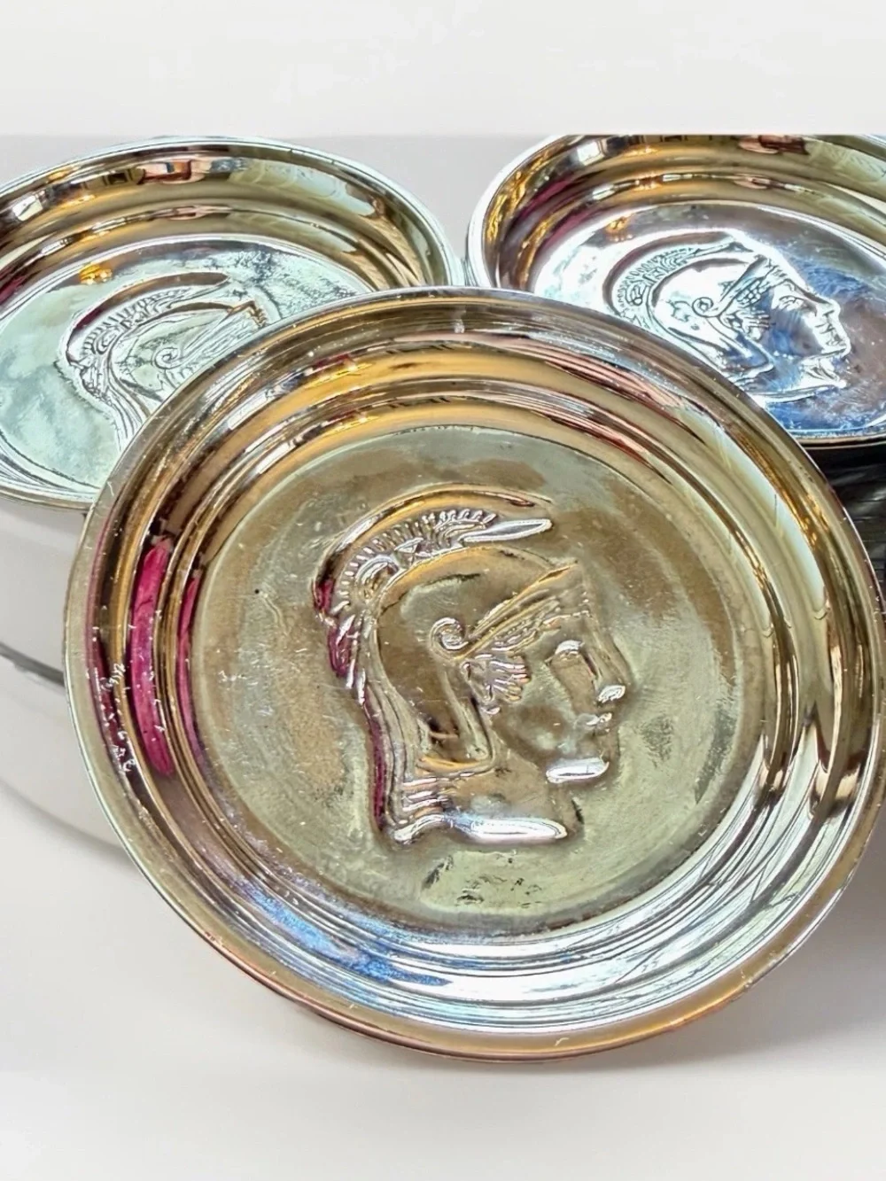 Vintage Set Of‎ 5 Mercury Glass Mid Century Coasters Silver Roman Head Trojan